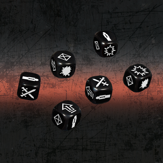 six black dice with white images...