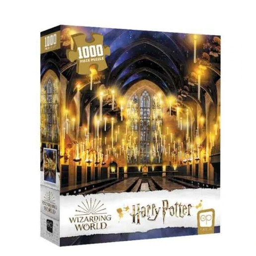 Harry Potter Great Hall 1000 Piece Jigsaw Puzzle gives you the chance to return to the magical world of Harry Potter and the fantastic candle lit hall with its grotesques, familiar tables and beautiful star lit ceiling.  