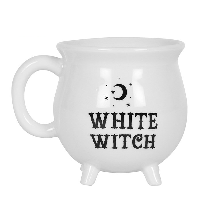 A lovely white mug in the shape of a cauldron and the words 'White Witch' written under a moon and stars design