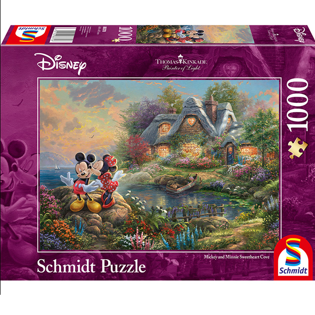 Disney Mickey & Minnie Sweetheart Cove1000 Piece Jigsaw Puzzle. A beautiful image by Thomas Kinkade of Micky & Minnie Mouse sharing a kiss on the cheek with sweetheart cove river and cottage in the background making a wonderful valentines gift or for a Disney collector. 