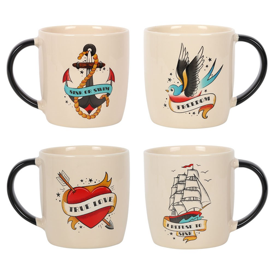 Set Of 4 Tattoo Style Mugs