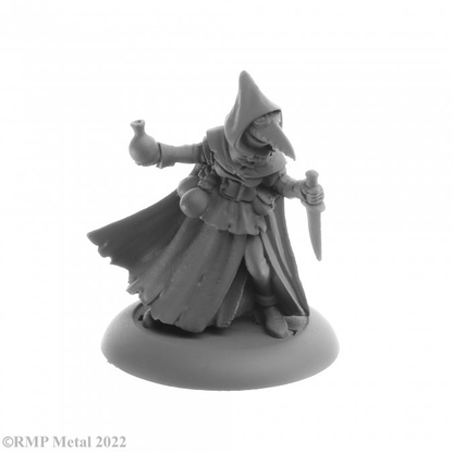 Sister Hazel Plague Doctor from the Dark Heaven Legends metal range by Reaper Miniatures, wearing the traditional long mask of a plague Dr this female alchemist carries a blade in one hand and a potion bottle in the other