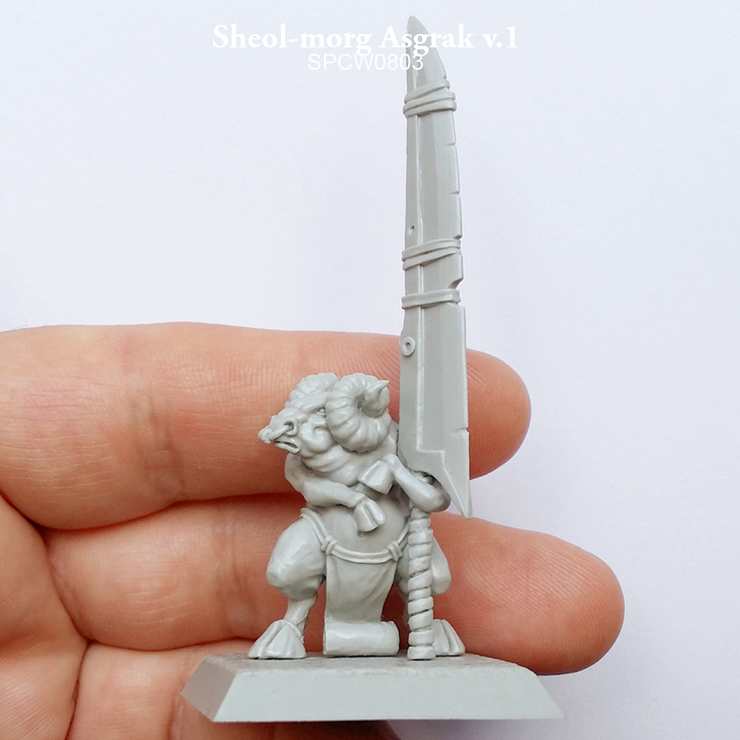 Sheol-morg Asgrak v.1 by Spellcrow is a resin miniature by Spellcrow. This minotaur holding a gigantic sword with a slightly disgruntled look on its face, a loin cloth as clothing shown here held in the hand