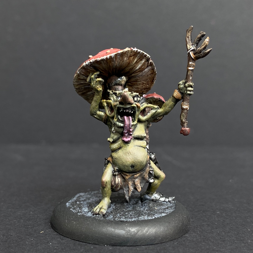 Hand painted Shabaroon from the Moonstone Mushroom and Mayhem range. Mrs MLG has painted this goblin in a green colour scheme with red mushrooms.