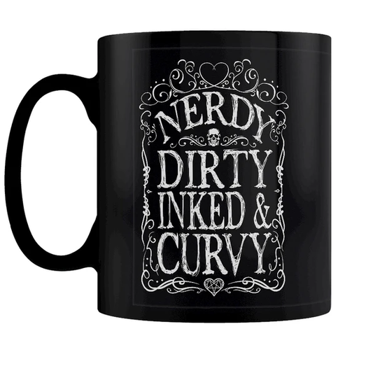 A black mug featuring the words ...