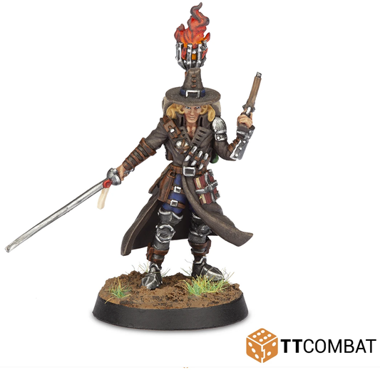 28mm Miniatures- Witch Hunter- tt combat- With a weapon in each hand, book and supplies firmly attached to his clothing and a torch lit on his back this Witch Hunter means business