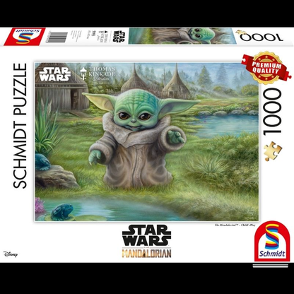 Star Wars The Mandalorian Child’s Play 1000 Piece Jigsaw Puzzle. A must have for any Star Wars fan this 1000 piece jigsaw puzzle captures a smiling 'Baby Yoda' with a village scene in the background making for a challenging puzzle.