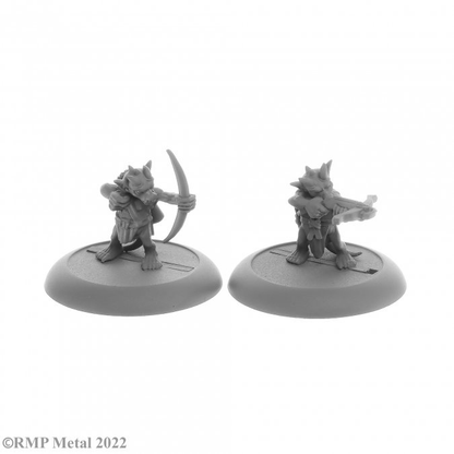 A pack of 2 Ratpelt Kobold Archers from the Dark Heaven Legends metal range by Reaper Miniatures sculpted by Bobby Jackson. Two kobolds one with a bow and the other with a crossbow