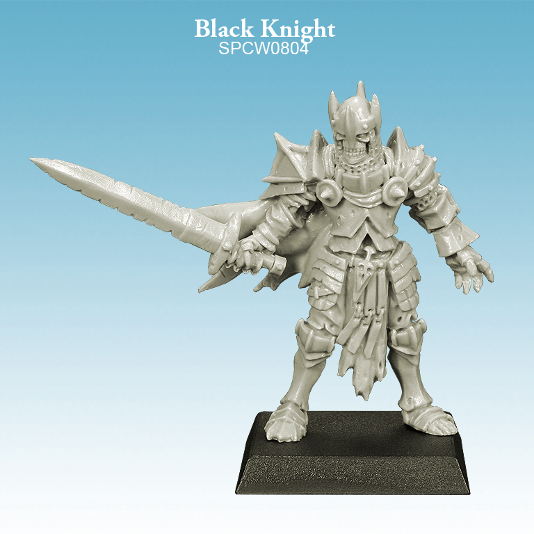 Black Knight is a resin miniature from Spellcrow in a 28mm scale for your gaming table and beyond. An armoured skeleton knight holding a sword and supplied with a 25mm square plastic base.