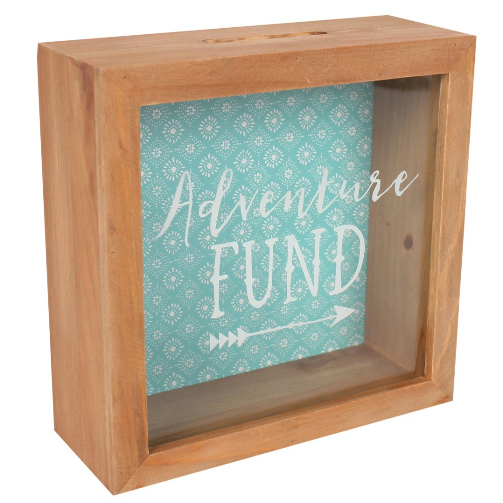 box frame Adventure Fund money box. Wooden box with clear front and Adventure Fund written in white 