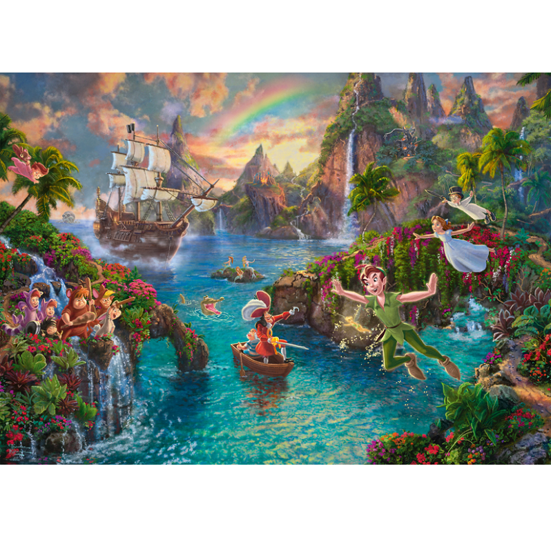 Disney Peter Pan's Never Land 1000 Piece Jigsaw Puzzle. A beautiful image by Thomas Kinkade of Peter Pan, Wendy & John flying over neverland with Captain Hook, mermaids, the crocodile and lost boys in the background, create this lovely puzzle and decide who you think is the real villain of Neverland. 