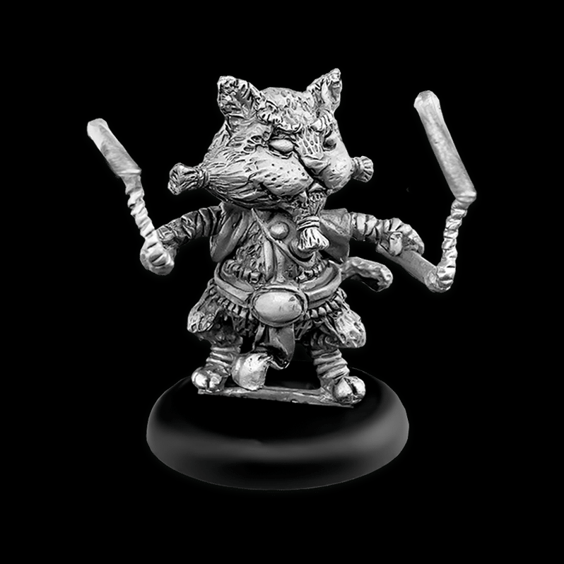 Russo The Monk from the Cats Of Crumptown range by Northumbrian Tin Soldier. This cat monk miniature holds weapons in both paws in a ready to fight stance 