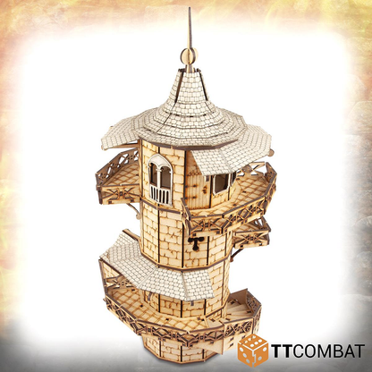 This TT Combat MDF Captain Bamboozle's Wizard Tower is an impressive structure with spiral walk ways on the outside and a pointed roof. Fantastic for lots of games and settings.