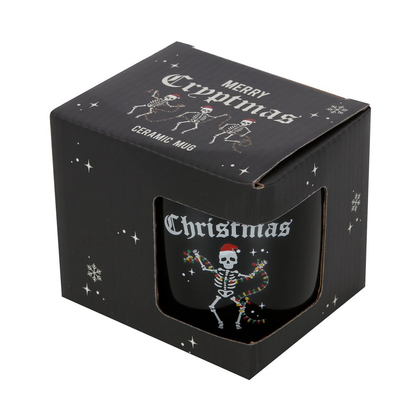 When You're Dead Inside But It's Christmas Mug - Merry Cryptmas. Black mug with a skeleton holding Christmas lights