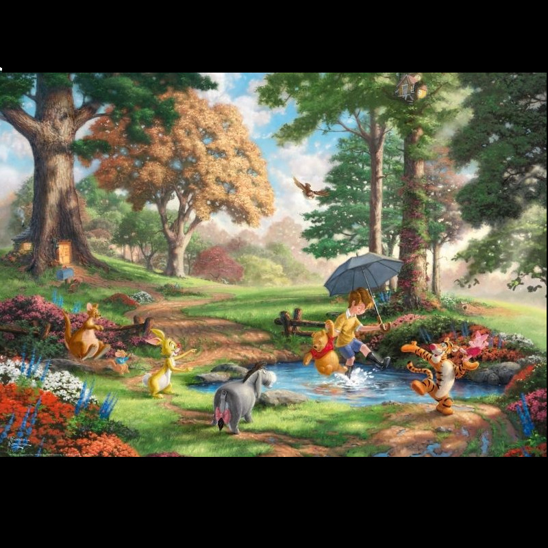 Disney Winnie the Pooh 1000 Piece Jigsaw Puzzle. A whimsical image by Thomas Kinkade of Winnie The Pooh and Christopher Robin splashing in a puddle with Tigger, Piglet, Rabbit, Eeyore, Owl, Kanga and Roo all looking on enjoying the fun in the 100 Acre Wood