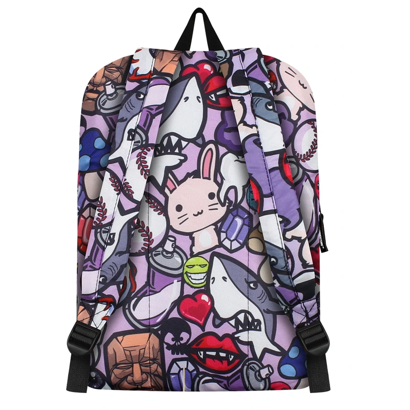 A super cute and funky backpack covered in colourful characters from vampire lips to sharks, lightening cloud to bunny and lots more in between