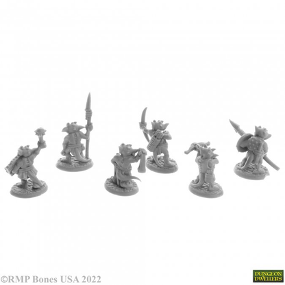 A pack of 6 Ratpelt Kobold Warriors from the Bones USA Dungeons Dwellers range by Reaper Miniatures. This pack contains six plastic Kobolds in various poses holding various weapons including sling, bow and spears