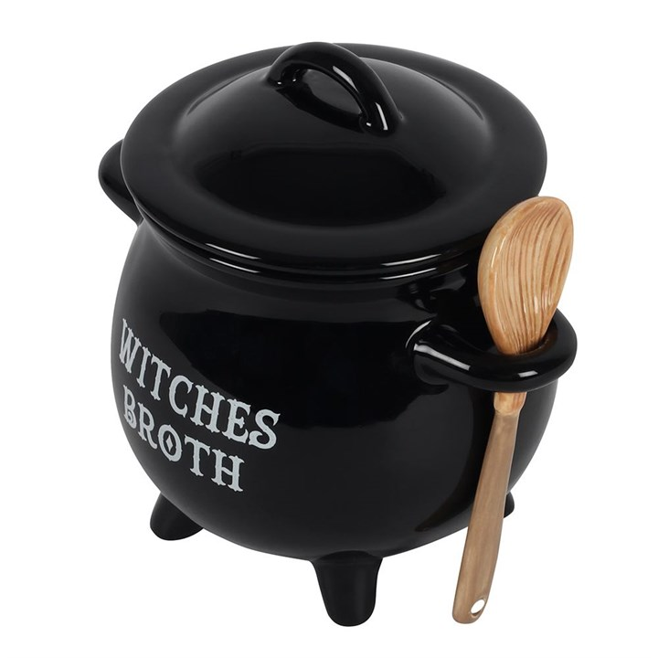 witches broth cauldron shaped soup bowl with a spoon designed to look like a witches broom