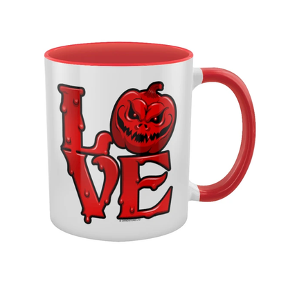 A white mug with a red handle and inner and a red and black Love design featuring a pumpkin as the O.