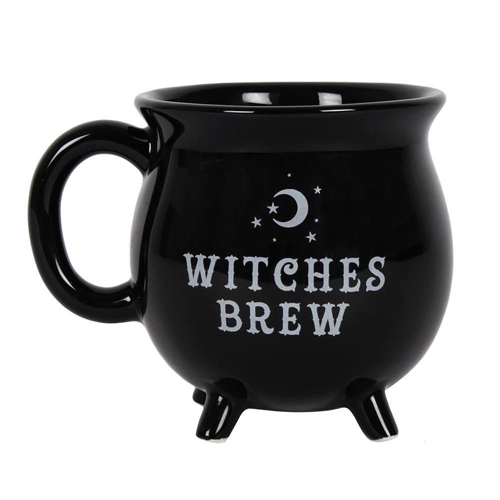 Witches Brew Cauldron Mug, a black mug in the shape of a cauldron with a moon, starts and the words Witches Brew written in white 