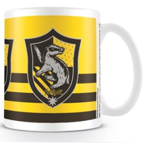 A white mug with the Hufflepuff ...