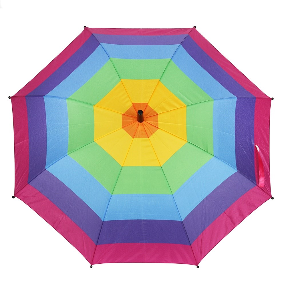 Umbrella with stripe rainbow design on the canopy, velcro strap closing and a curved handle