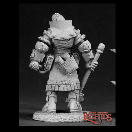 Silas the Male Cleric from the Dark Heaven Legends metal range by Reaper Miniatures sculpted by Bobby Jackson.  A male cleric for your tabletop wearing armour and a tunic, carrying books and a mace. back view