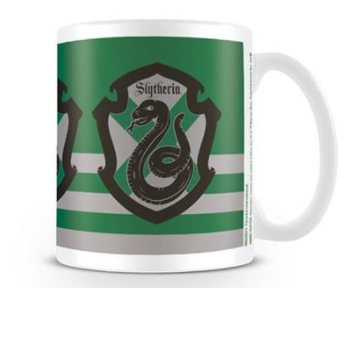 A white mug with the Slytherin g...