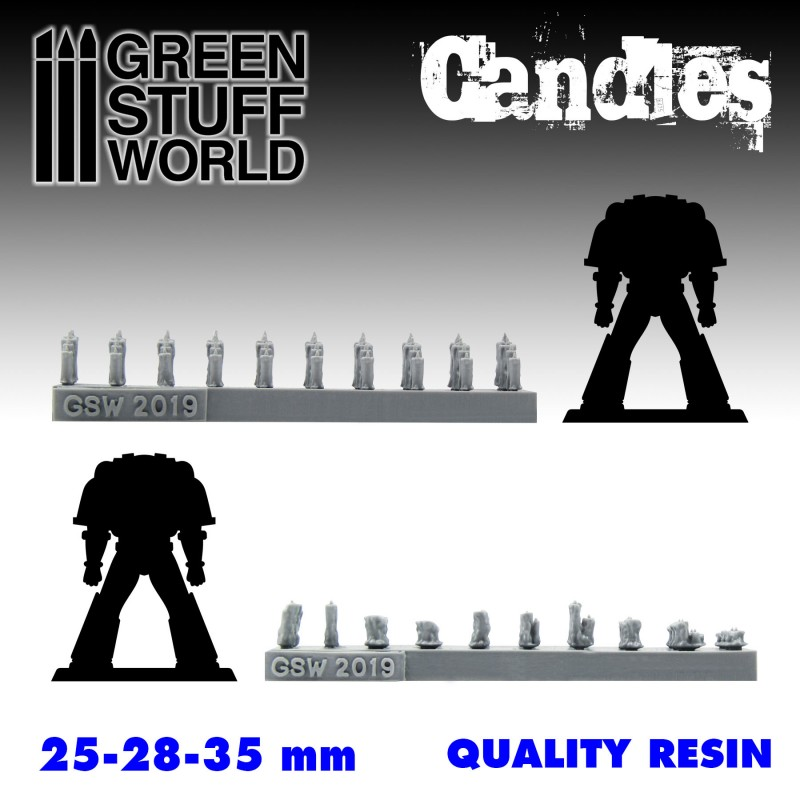 different types of candles by Green Stuff World in high quality resin with silhouette space marine for scale