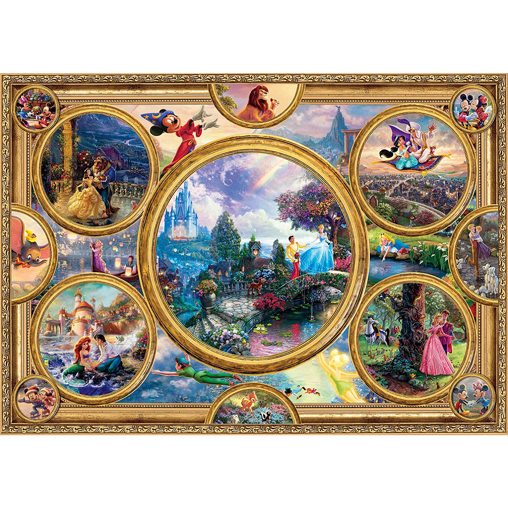 Disney Dreams Collection 2000 Piece Jigsaw Puzzle. The magic of Disney captured in a 2000 piece jigsaw with a collage of some of your favourite characters including Mickey Mouse, Cinderella, Arial, Aladdin, Dumbo and more