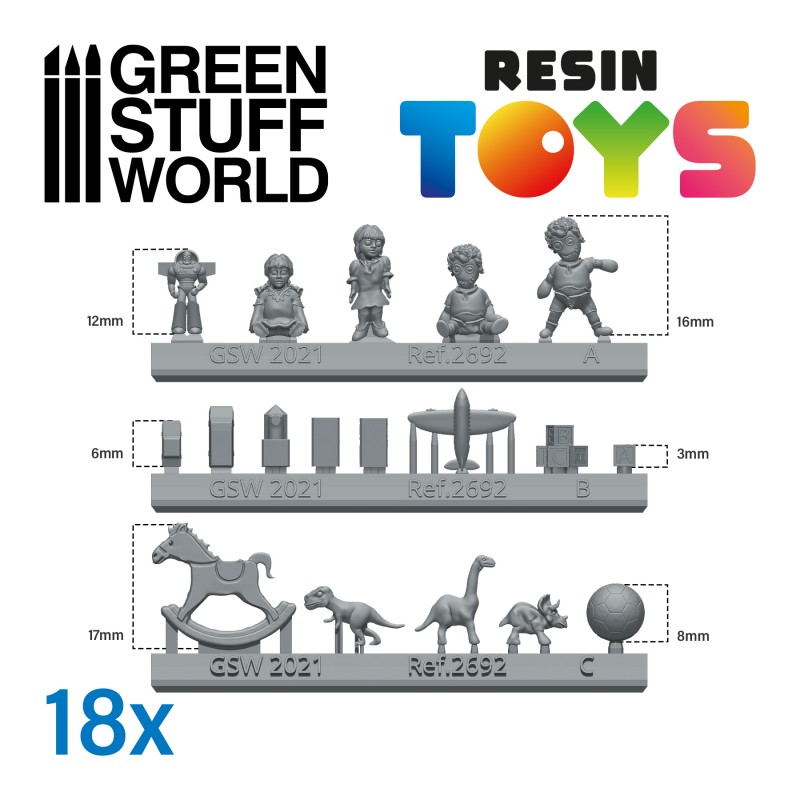 Children's toys in resin from Green Stuff World.,  Carefully design to imitate children's toys of different sizes and eras including dolls, dinosaurs, football and even a buzz lightyear style spaceman. 