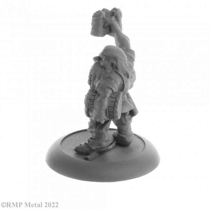 Jalarak Leadbarrels from the Dark Heaven Legends metal range by Reaper Miniatures sculpted by Jason Wiebe.  A metal miniature of a dwarf with a barrel under his arm, three beer jugs raised up above his head, braids in his beard and an eyepatch