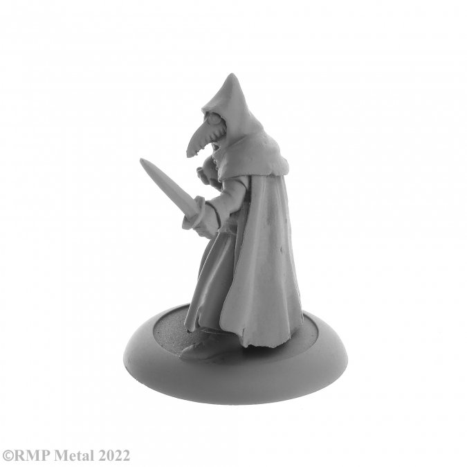 Brother Lazarus Plague Doctor from the Dark Heaven Legends metal range by Reaper Miniatures, holding a dagger in one hand and a potion bottle in the other