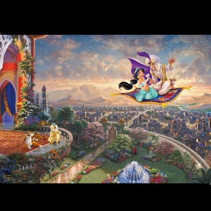 Disney Aladdin 1000 Piece Jigsaw Puzzle. A wonderful edition to any Disney fans collection, featuring Aladdin and Jasmine on the magic carpet in front of the castle with the city in the background in beautiful Thomas Kinkade style. 