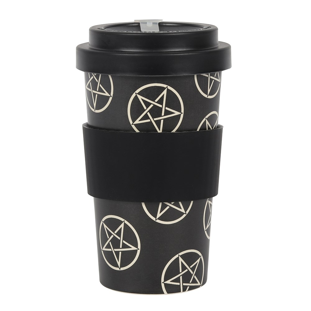 travel mug with pentagram symbols all over and the sleeve on 