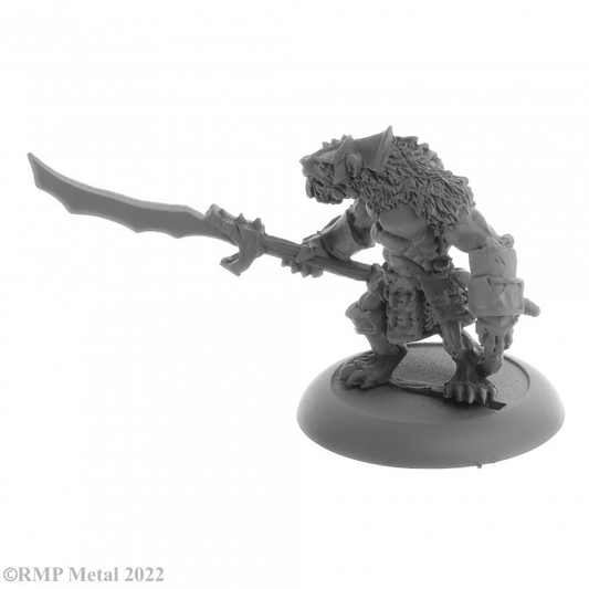 Wererat Boss from the Dark Heaven Legends metal range by Reaper Miniatures sculpted by Ben Siens.  A metal wererat miniature holding a sword and wearing armour