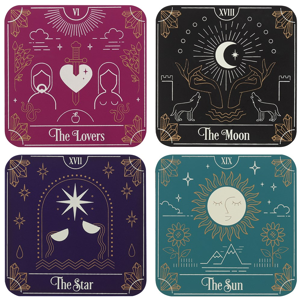 Tarot Card Coaster Set showing modern illustration of classic cards; The Star (purple), The Sun (teal), The Moon (black) and The Lovers (burgundy)