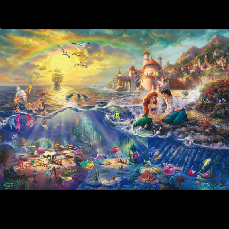 Disney The Little Mermaid 1000 Piece Jigsaw Puzzle. A beautiful image by Thomas Kinkade of Eric and Ariel with many of your favourite Little Mermaid characters in the background including flounder,  Sebastian, King Triton, Scuttle, Max and even Ursula in the depths of the sea with companions Flotsam and Jetsam making this a wonderful puzzle for any Disney fan.