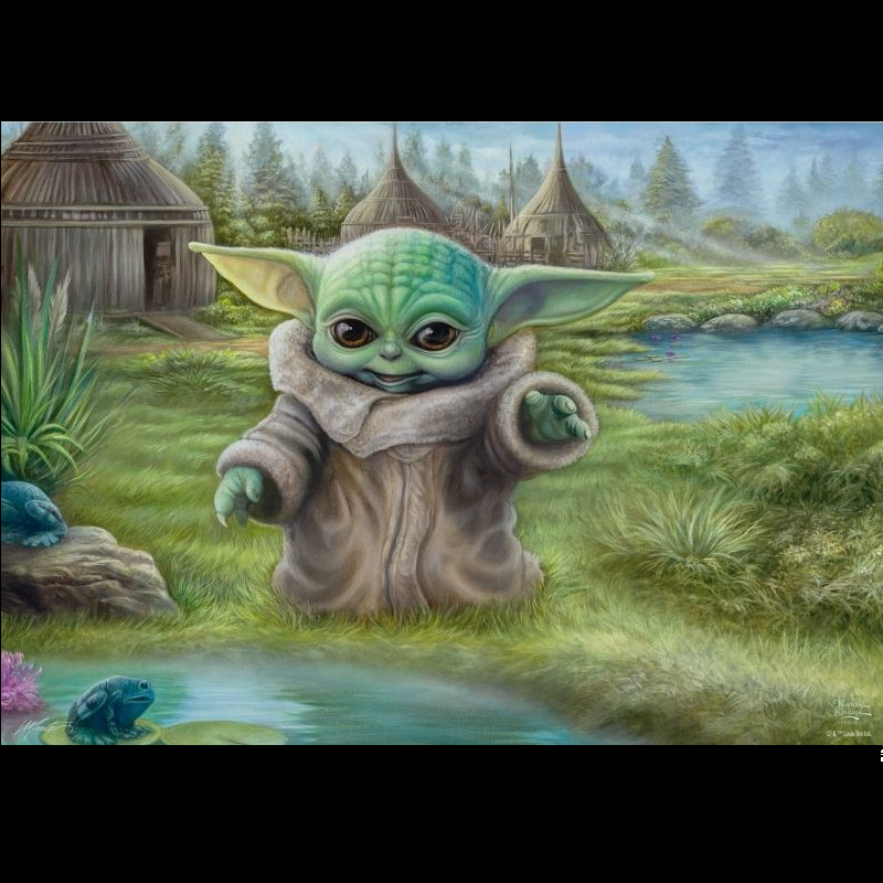 Star Wars The Mandalorian Child’s Play 1000 Piece Jigsaw Puzzle. A must have for any Star Wars fan this 1000 piece jigsaw puzzle captures a smiling 'Baby Yoda' with a village scene in the background making for a challenging puzzle.