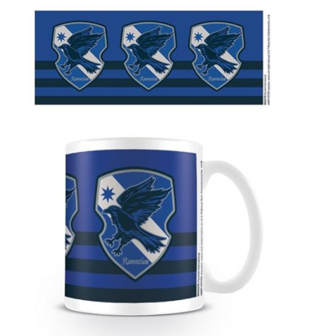 A white mug with the Ravenclaw black and blue colours in stripes and the house crest in three places running around the mug. Harry potter Ravenclaw crest and stripe mug