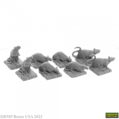 A set of 8 Dire Rats from the Bones USA Dungeons Dwellers range by Reaper Miniatures. This pack contains eight plastic rates in various poses