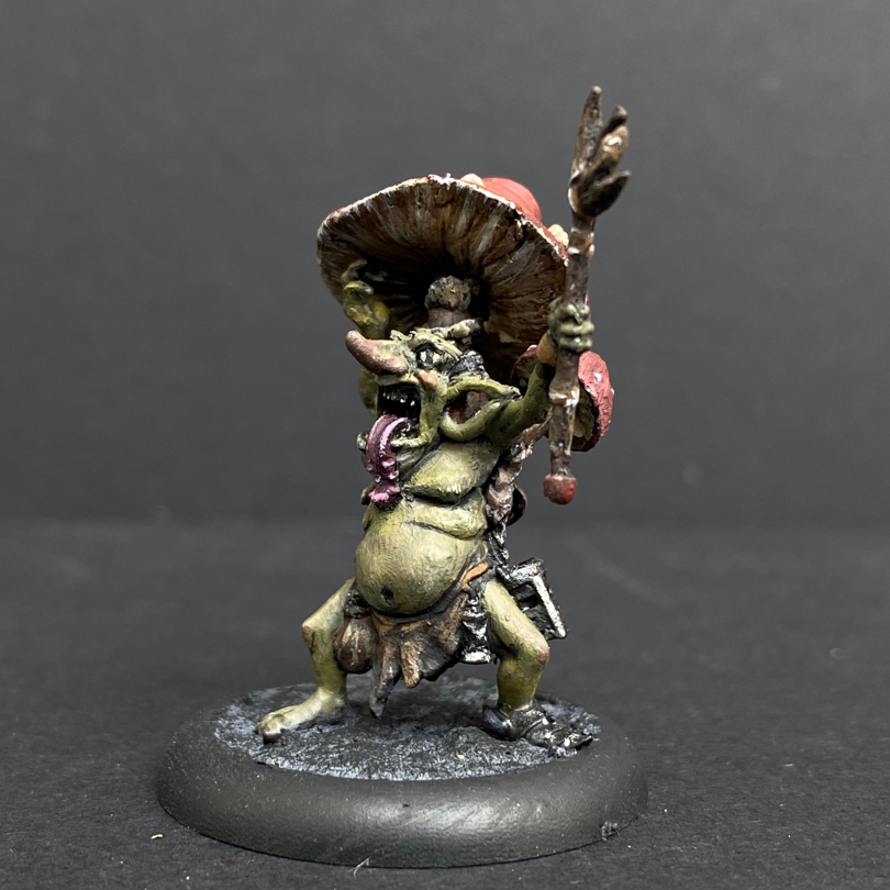 Hand painted Shabaroon from the Moonstone Mushroom and Mayhem range. Mrs MLG has painted this goblin in a green colour scheme with red mushrooms.