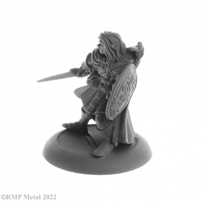 Mellonir Windrunner from the Dark Heaven Legends metal range by Reaper Miniatures sculpted by Bobby Jackson.  A metal miniature of an elf ranger holding a sword and a shield with a bow on his back