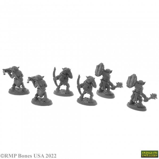 A pack of 6 Goblin Elites from the Bones USA Dungeons Dwellers range by Reaper Miniatures sculpted by Bobby Jackson. This pack contains six goblins two holding crossbows, two with bows and two with a mace  for your gaming table, diorama or RPG adventure.  