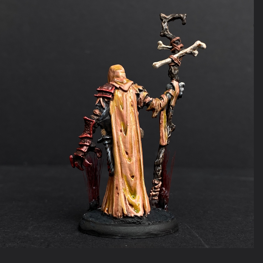 Hand painted necromancer from the Reaper Miniatures range. Mrs MLG has hand painted this undead miniature that has armour on one arm and bandages on the other. It also has long tufts on the base.  