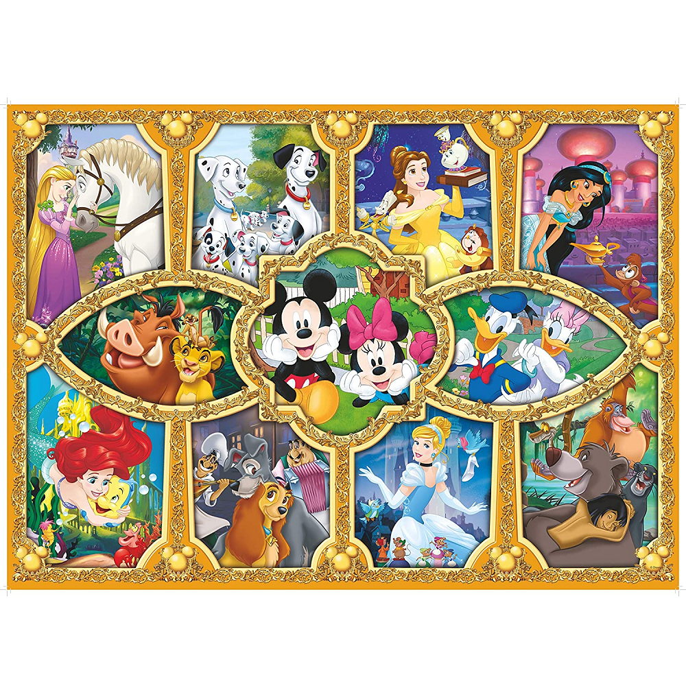 Disney Magical Moments 1000 Piece Jigsaw Puzzle. A beautiful image of Disney characters in a collage style with gold frame making this jigsaw a great gift for a Disney fan.