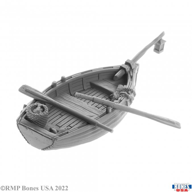 30057 Boat -Bones USA.  wooden boat with oars and a basket of fish 