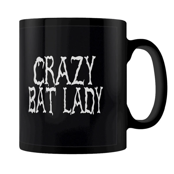 A black mug featuring the words Crazy Bat Lady 