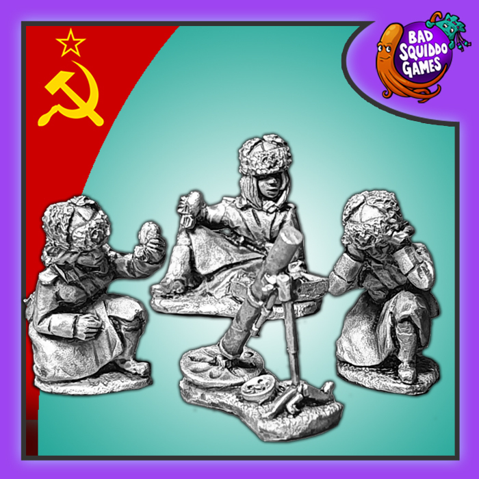 Soviet 82mm Mortar & Team is a pack of three metal miniatures depicting a female mortar crew in winter attire from the women of world war 2 range by Bad Squiddo Games