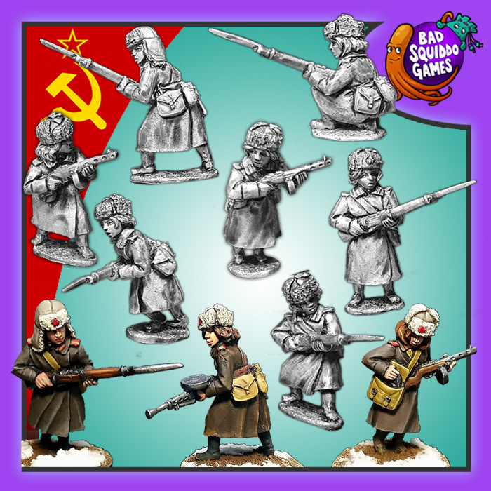 Soviet Winter Infantry Squad is a pack of ten metal miniature depicting female soviet infantry in winter attire carrying various weapons including sub machine guns and rifles from the women of world war 2 range by Bad Squiddo Games